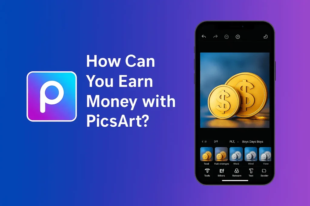 Smartphone showing PicsArt Mod APK editing interface with golden dollar coins, placed on a blue-purple gradient background. Text on the left reads “How Can You Earn Money With PicsArt Mod APK?” representing a creative and modern blog banner about earning through photo editing tool