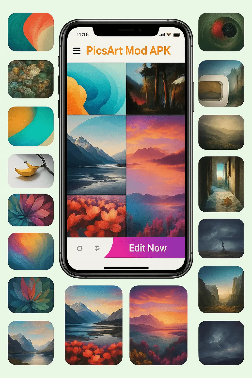 "Friendly screenshot of PicsArt Mod APK with colorful and beautiful wallpapers, ready for you to edit and have fun!"