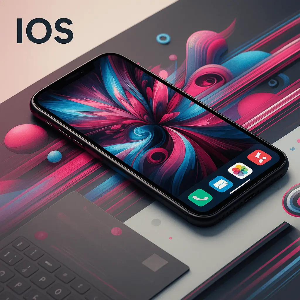 "Sharp iPhone on a flat surface displaying a vibrant abstract wallpaper, with colorful app icons and modern design elements around it."